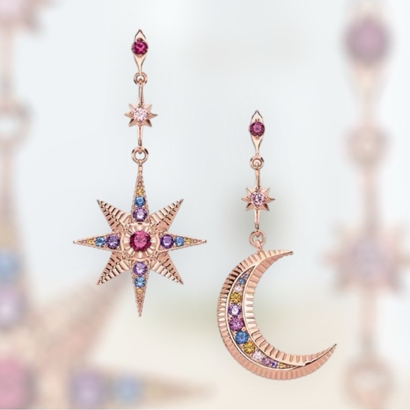 NWOT crescent moon and star dangle earrings, Sterling silver 18k rose gold plt - Picture 7 of 17